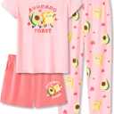 Tebbis Trendy Pink Avocado Cute Pajamas for Girls 3 Pieces Soft Tee Shorts & Pants PJ Comfy Jammies Set Size 6