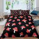 Feelyou Cute Mushrooms Bedding Set Red Mushrooms Comforter Cover Set Wild Fungus Botanical Duvet Cover Set with 2 Pillowcases (Queen,Black)