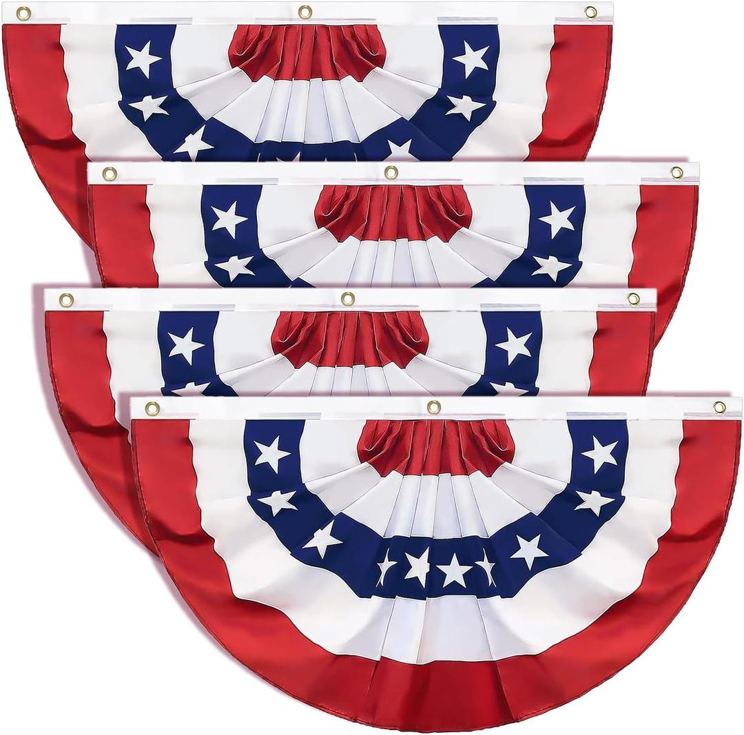 4Pack 3x6 Feet American Pleated Fan Flag for 4th of July, Decorations Patriotic Half Fan Bunting Flag Banners with Brass Grommets and Zip Ties for Outside