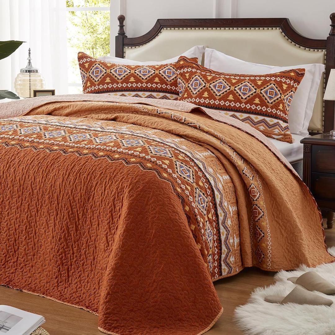 LEAONME 2 Pieces Twin Size Quilt Set Burnt Orange Rust Bohemian Bedspread Coverlet Lightweight Microfiber Bedding Set 68x86 Inch Bed Cover for All Seasons (1 Quilt, 1 Pillow Sham)