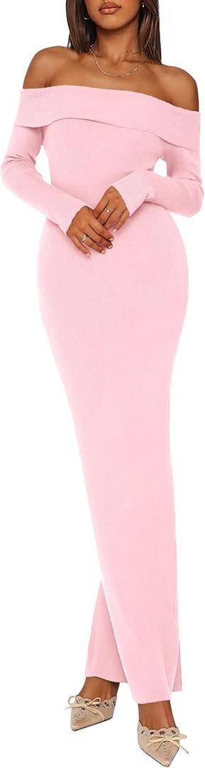 PRETTYGARDEN Womens Fall Sweater Dress 2026 Long Sleeve Off Shoulder Slit Maxi Bodycon Cocktail Party Dresses Spring Fashion (Large, Light Pink)