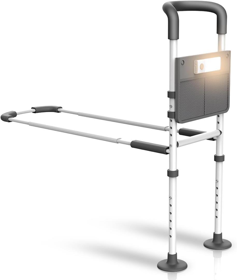 Agrish Bed Rails for Elderly Adults Safety - with Motion Light & Storage Pouch, Bedside Assist Bar with Support Legs for Seniors & Surgery Patients - Medical Bed Rail