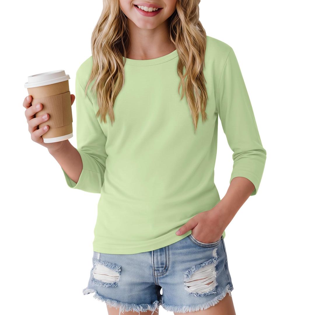 LessonZoo Girls 3/4 Sleeve Crewneck T Shirt, Light Green, 9-10y (Green)