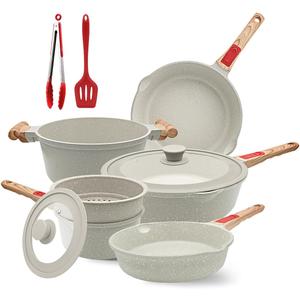 10 Pcs Pots and Pans Set Nonstick, Cast Aluminum Kitchen Cookware Set with Lid/Frying Pans & Saucepans with Detachable Handle, Oven& Dishwasher Safe (White) (10 Pcs, White)