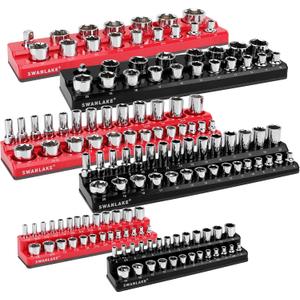 6-piece Magnetic Socket Organizer Set, Metric & SAE Drive Socket Holder, Includes 1/4", 3/8", 1/2", Holds 143 Pieces Magnetic Trays Red Black