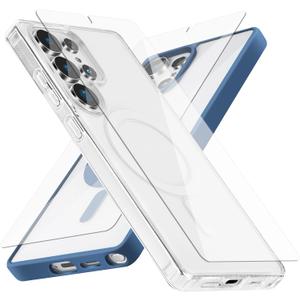 Strong Magnetic for Samsung Galaxy S25 Ultra Case, 2 Case&2 Screen Protector for S25 Ultra Phone,Mil-Grade Drop Protection,Clear and Blue