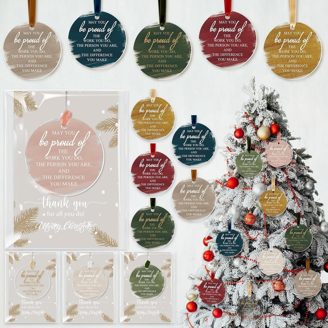 Kasyat 24 Sets Christmas Acrylic Hanging Ornament Bulk Employee Appreciation Gift Be Proud Pendant Ornament for Christmas Tree with Thank You Card Ribbon for Coworker Team Nurse Teacher (Round)