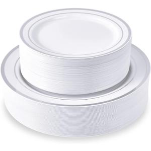 JollyPack 100 Piece Disposable Silver Plastic Party Plates, Including 50 10 Inch Dinner Plates and 50 7 Inch for Dessert, Great for Parties, Weddings, Home Use, and Christmas