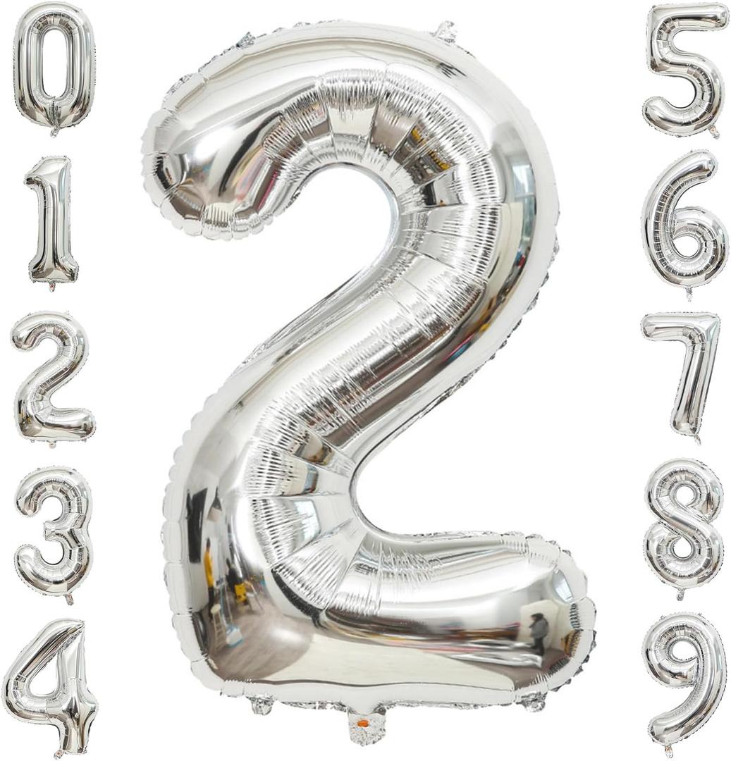 Silver Number 2 Balloon, 40 Inch Large Number Foil Mylar Balloons for 2nd Girl Boy Birthday Party Celebration Decoration Supplies,Big Digital Balloons for Wedding Anniversary Events Decor