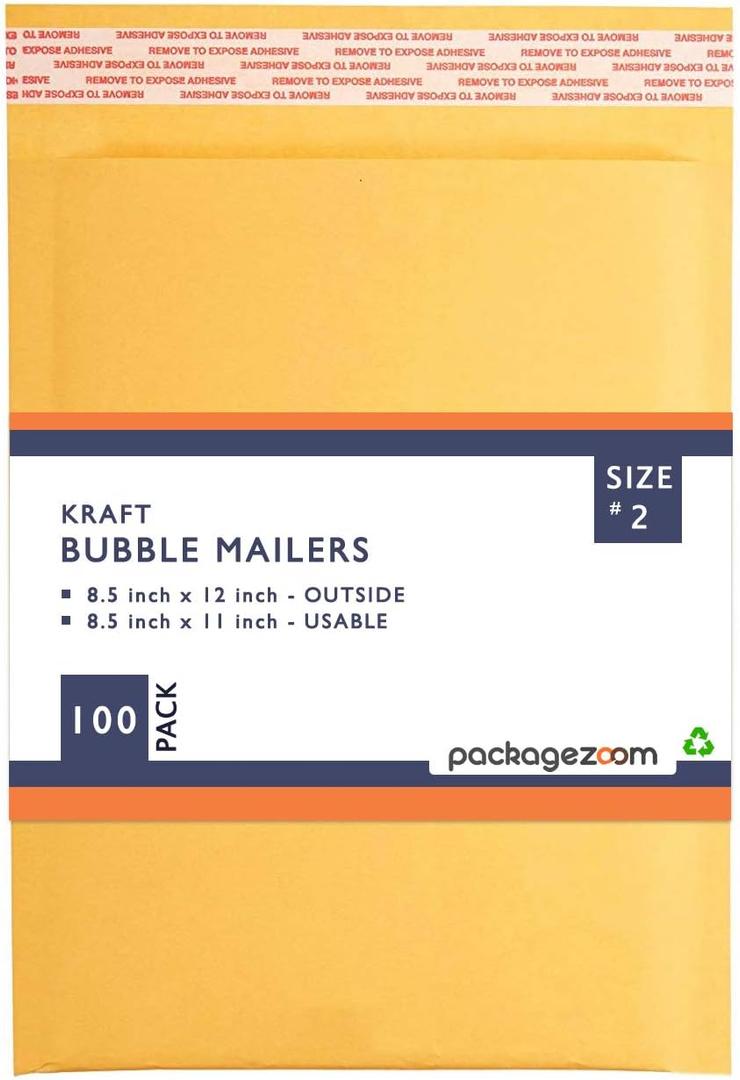 PackageZoom #2 8.5 x 12 Padded Envelopes Kraft Bubble Mailer Shipping Envelopes 100 Pack