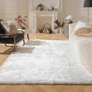 Faux Fur Rug, Fluffy Shaggy Area Rug Ultra Soft 5 x 7 Feet Square Fur Rug White Fuzzy Rug Machine Washable Shag Rug, Nursery Decor Throw Rugs for Bedroom, kids room, Living Room