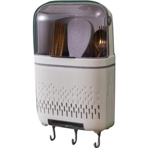 Utensil Holder, Waterproof Compartmental Storage Cutlery Drainer with Cover, Wall Mount Utensil Rack Detachable Kitchen Hanging Chopstick Container, 11.8 x 7.5 x 3.3in(Moonlight White)