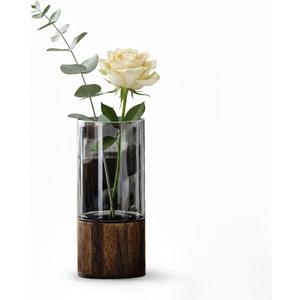 10" Tall Wood Glass Vase, Wooden Base Cylindrical Flower Vase, Classic Boho Rustic Style for Table, Fireplace, Kitchen, Bedroom, Living Room, Centerpieces Office Desk