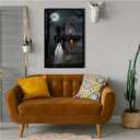 XWNLTEPK Halloween Canvas Wall Art Spooky Ghost Figure Haunted House Poster Moonlit Trees Foreboding Silhouette Wall Print Dark Gray Black Decor Living Room Bedroom (8x12in Black Framed, A05)