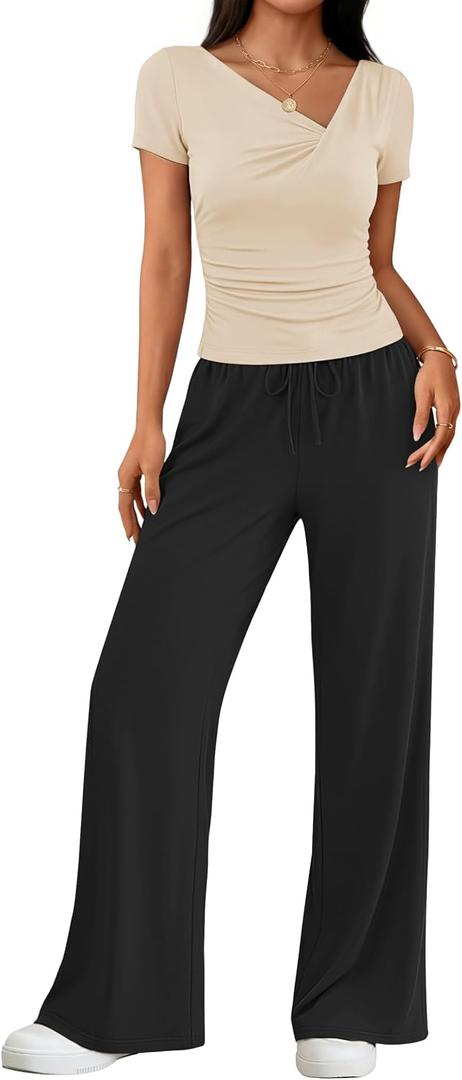 ZESICA 2 Piece Lounge Sets for Women 2026 Casual Summer Short Sleeve Ruched Top Wide Leg Pants Matching Travel Outfits