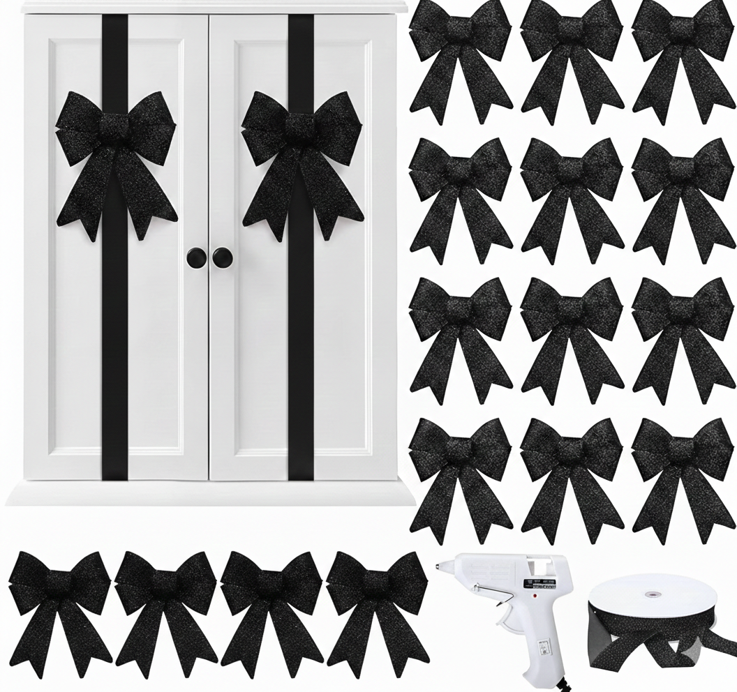 Daifunli 16 Pcs Velvet Christmas DIY Cabinet Ribbons Bows Large Christmas Door Kitchen Ribbon Cabinet Bows with 27 Meter Velvet Ribbons for DIY Xmas Holidays Kitchen Party Decorations(Black)