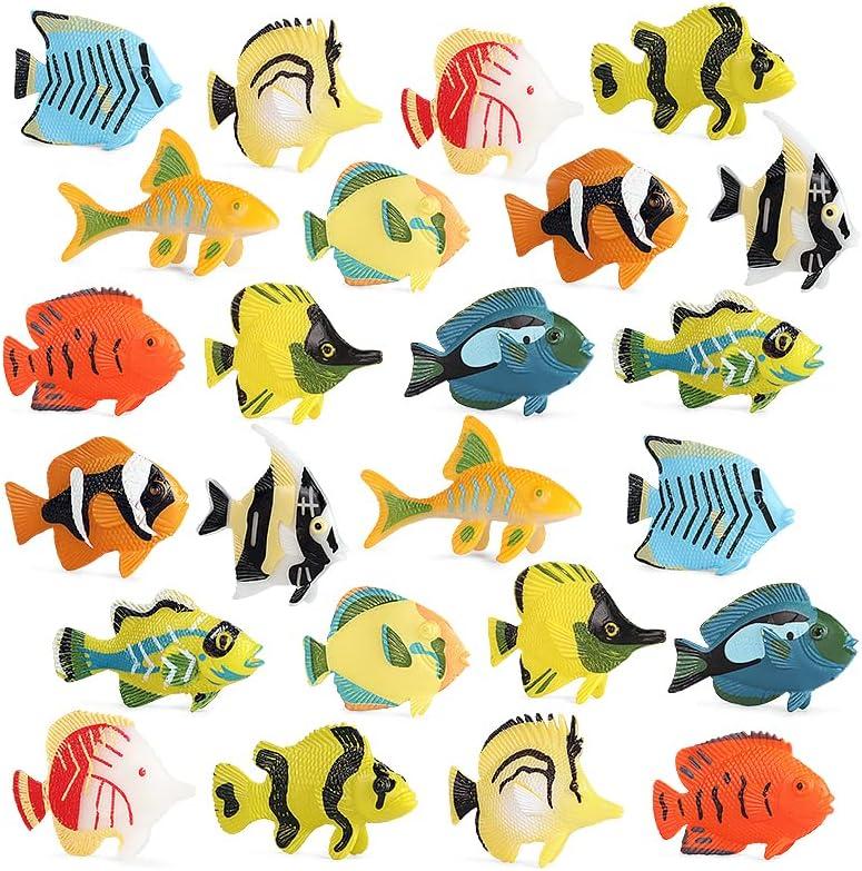 RCOMG 24PCS Tropical Fish Toys, Plastic Sea Creatures Figurines Set, Educational Learning Ocean Animal Figures, Party Favor Miniature Toys Gifts for Boys Girls Kids