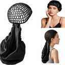 2 in 1 Silk Press Wrap Cap and Hair Scarf, Reversible Satin Wrap Bonnet with Adjustable Tie, Sleeping Hair Cap for Curly Natural Braided Long Hair (Black)