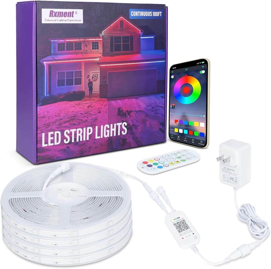 100ft IP68 Outdoor Led Strip Lights Waterproof with RF Remote & Bluetooth Music Sync App Control, Long Color Changing LED Rope Lights,5050 RGB Super Bright Outside Led Lights,24V