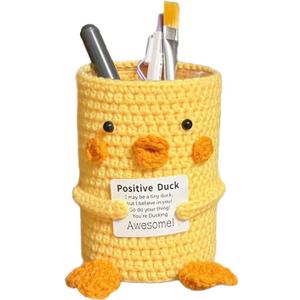 Positive Crochet Duck Pen Holder, Handmade Emotional Support Ducks Crochet Pen Makeup Brushes Holder with Positive Card Desktop Decor-16-positive duck