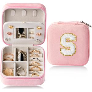 CY2SIDE Letter Velvet Travel Jewelry Case for Women - Pink Organizer for Ring, Earring, Necklace, Bracelet, Pendant - Vacation Gift for Lovers (Letter S)