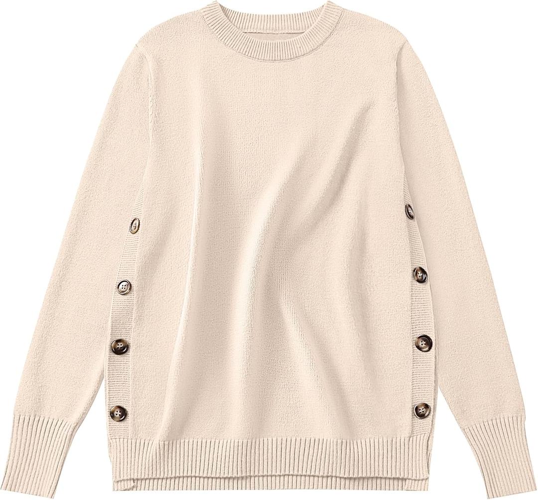 ANRABESS Sweaters for Women 2025 Fall Long Sleeve Crewneck Knit Casual Loose Side Button Basic Pullover Tops Trendy Outfits (Beige, XL)