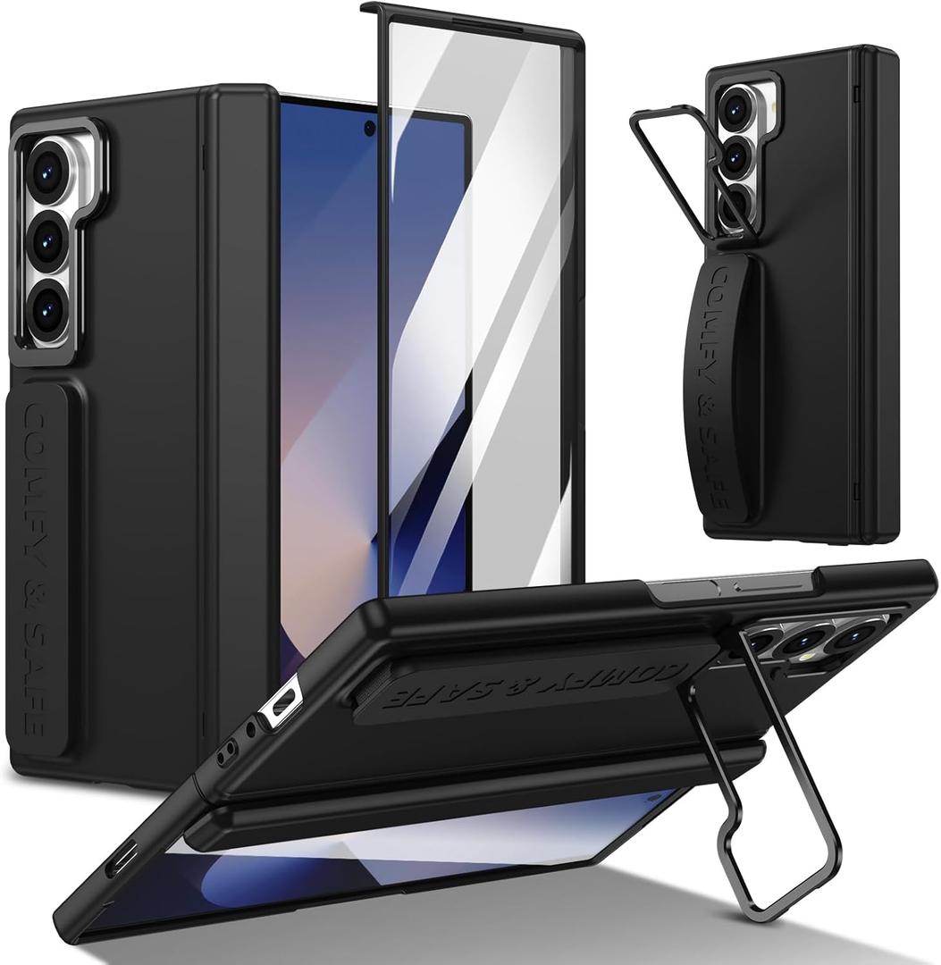 for Samsung Galaxy Z Fold 5 Hand Strap Case, Built-in Screen Protector & Hinge Protection & Camera Cover Kickstand, Military Grade Full Body Shockproof Protective, Black