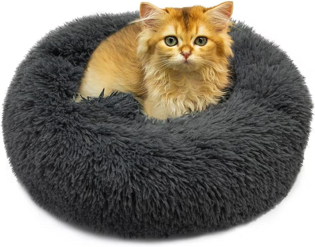 Cat & Dog Beds, Fluffy Round Pet Bed Non-Slip, Calming Soft Plush Donut Cuddler for Indoor Small Dogs Kittens, 15 inches Cat Bed Machine Washable, Small Round cat Bed Dark Gray (XS-38cm Dark Grey)