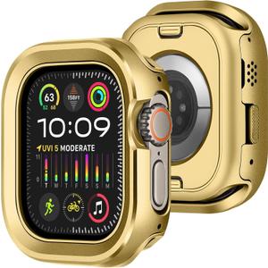 Amizee 2 in 1 Metal Rugged Case Compatible with Apple Watch Ultra 3/2/1 Case 49mm, Aluminum Shockproof Protective Bumper Cover Compatible with iWatch 49mm, Gold