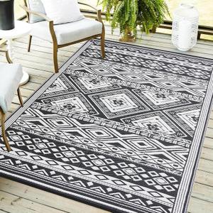 Outdoor Rug 8x10 ft Waterproof, Reversible Outdoor Plastic Straw Rug for Patios Clearance, Outdoor Area Rug Carpet RV Mat for Camping Backyard Deck Porch (Black & white- Geometric)