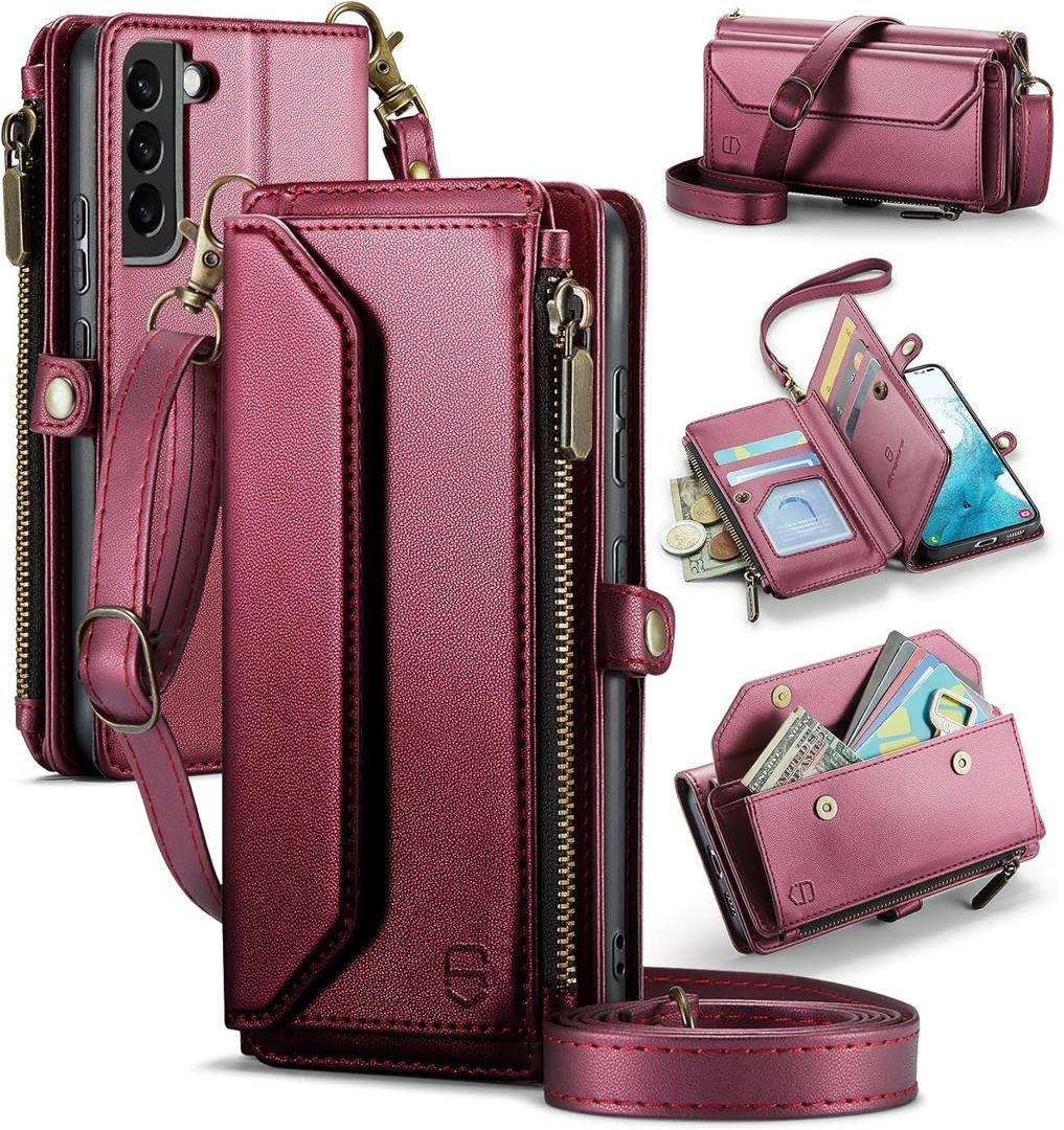 Strapurs Crossbody Wallet Case Compatible with Samsung Galaxy S22 5G RFID Blocking Card Holder Soft PU Leather Magnetic Snap Shoulder Strap Zipper Pocket Phone Case Fit for Galaxy S22 6.1" - Wine Red