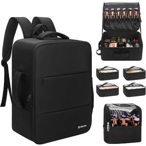 Relavel Makeup Backpack with Makeup Brush Case, Extra Large Travel Train Case Professional Artist Kit Set Bag with 4 Clear Bags, Brush Storage Organizer Box for Cosmetic Hair Tools, Black