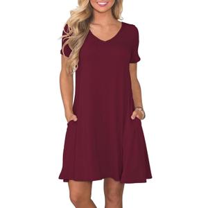 Women's Casual T Shirt Dress Summer Short Sleeve Swing Dresses with Pockets (Large, Red)