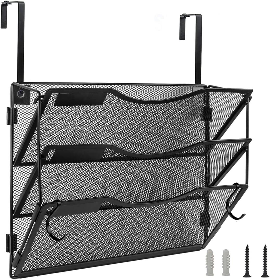Wall File Organizer 3 Pockets, Mail Organizer, Hanging Folder Holder, Foldable | Hanging or Wall Mounted | Label Panel | 2 Hooks | Office Home School Organizer, Black