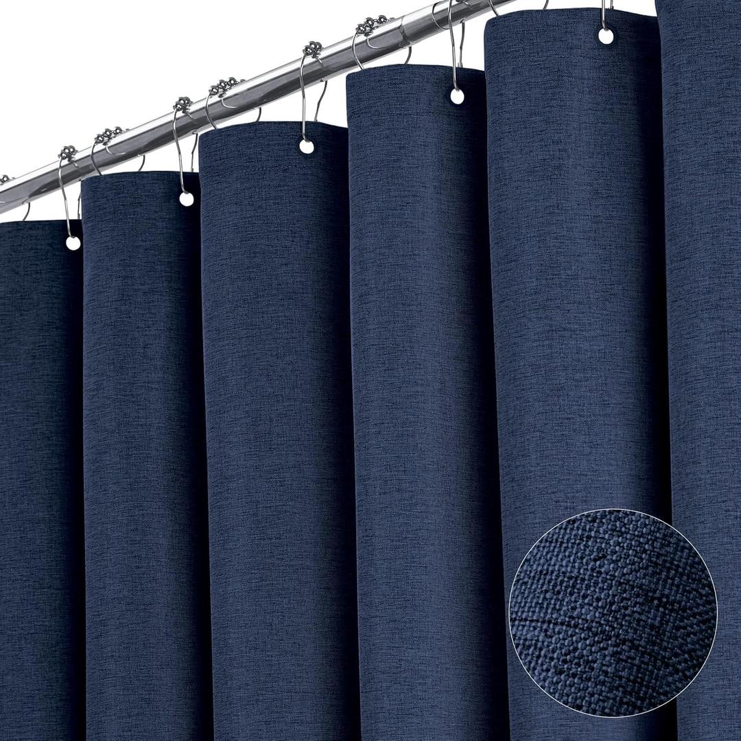 BTTN 60 Inch Fabric Shower Curtain, Stall Linen Textured Waterproof Heavy Duty Cloth Shower Curtain Set with 10 Plastic Hooks, Narrow Hotel Luxury Washable Bath Curtains for Bathroom, 60x72, Navy Blue
