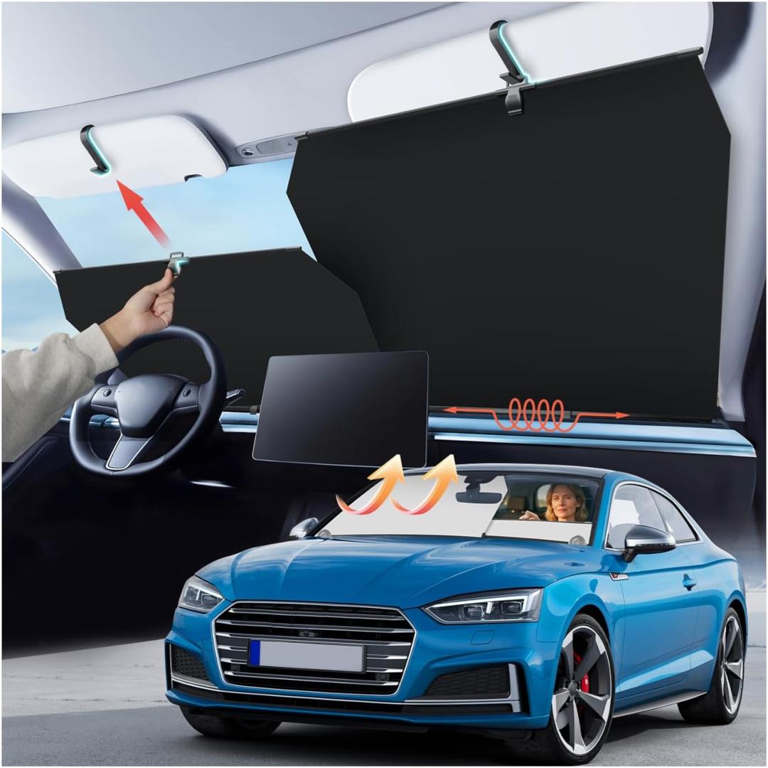 2026 Auto Retractable Car Windshield Sun Shade - Adjustable Front Window Sunshade for UV & Heat Protection - Ideal for Camping Outdoor & Daily Parking (Not Fit Dashboard Bulge)