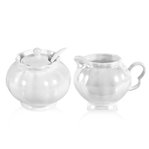 Pearl Luster Sugar and Creamer Set, 8oz Cream Pitcher, 9oz Sugar Bowl with Lid and Spoon, Cream and Sugar Container, Elegant Kitchen & Home Decor, Gifts for Housewarming