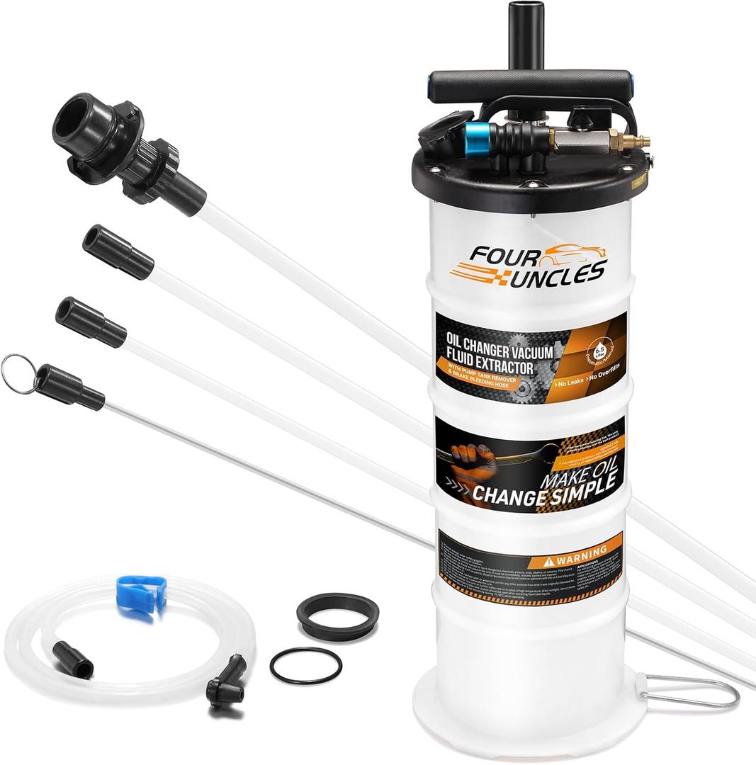 FOUR UNCLES 6.5L Oil Extractor - Pneumatic/Manual Vacumm Fluid Extractor with Pump Tank Remover & 4 Tubes for Oil Change and a Brake Bleeding Hose for Brake Fluid Change