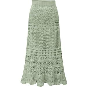 chouyatou Women's Stretched High Waist Crochet Hollow Out Knit Flowy Patterned Lace Maxi Skirt S (Green)