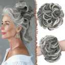 FESHFEN Large Messy Bun Hair Piece - Wavy Synthetic Chignon Scrunchies Elastic Ponytail Hair Extensions Thick Hairpieces for Women, Black Gray and White Tips 1.94oz