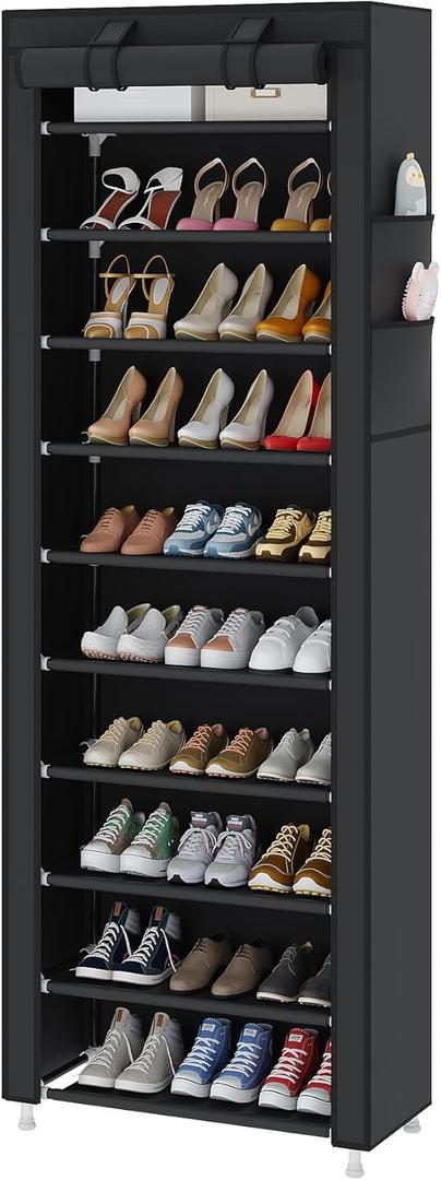 UDEAR 10-Tier Free Standing Shoe Rack Sturdy Shoe Rack Organizer for Closet Entryway Stackable Shoe Shelf with Dustproof Cover,Black