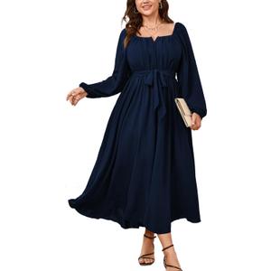 SCOMCHIC Women Plus Size Maxi Dress Long Sleeve Square Neck Wedding Guest Cocktail Belted Elegant Flowy A Line Long Dresses (Navy Blue, XL)
