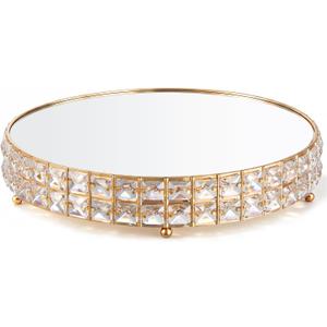 LemonRoad Crystal Cake Stand with Mirror, Gold Round, 14 Inch