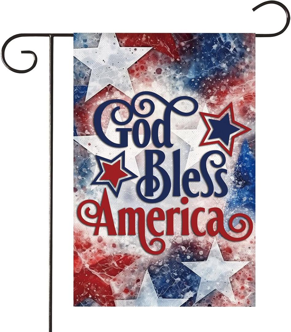 Patriotic 4th of July Garden Flag 12x18 Inch Double Sided Burlap Outside God Bless America Memorial Day Flags Red and Blue Stars Small Yard Outdoor Decoration