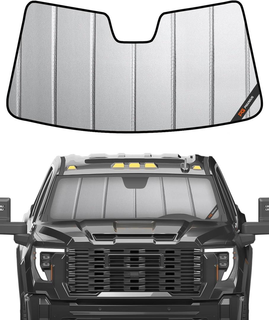 Windshield Sun Shade for Chevy Silverado & GMC Sierra 1500/2500/3500 2019-2026 (WT, Custom, Pro Trims) - Fits All Trims 2019-2021, Non-HUD Models Only, Premium Grey Leather Finish