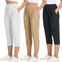 Real Essentials 3 Pack: Women's Ribbed Capri Jogger Lounge Sweatpants with Pockets Yoga Workout (Size L)