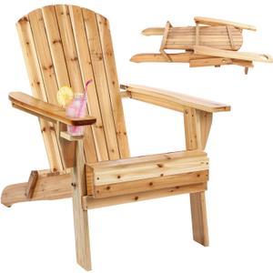 Folding Adirondack Chairs, Outdoor Wooden Lawn Chairs with Cup Holder, Patio Chair for Garden,Yard,Poolside,Backyard, 350lb Weight Capacity(Natural)