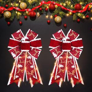 2 PCS LED Christmas Bows for Wreath, Christmas LED Wreath Bows Winter Holiday Snowflake Bows Red Velvet Bows Xmas Trees Bows for Front Door Merry Christmas New Year Decorations Supplies