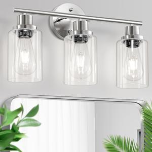 3-Light Brushed Nickel Vanity Lights, E26 Modern Bathroom Light Fixtures with Clear Glass Shade, Wall Lamps for Mirror Kitchen Hallway Cabinet Living Room Sconces Lights