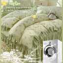4pcs Duvet Cover Set Queen Size-100% Luxury Cotton Ultra Soft Ruffle bedding set includ 1 Duvet Cover with Zipper Ties,1 Fitted Sheet with Bed Skirt, 2 lace Pillow Shams for all season (light green)